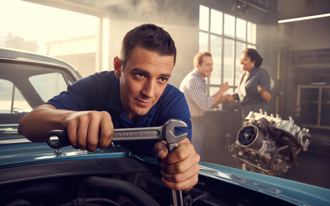 Un mécanicien utilise une clé à molette sur un moteur de voiture, tandis que deux collègues discutent joyeusement en arrière-plan.