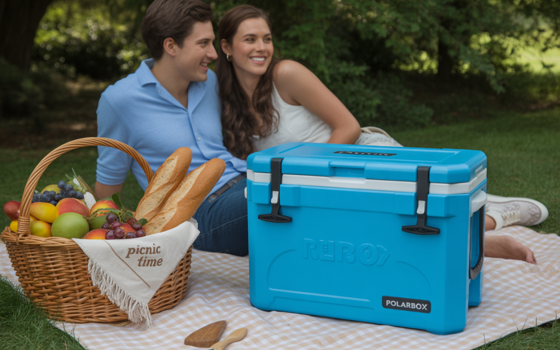 Un couple souriant assis sur une couverture, avec un panier de fruits et une glacière bleue à leurs côtés, sur l'herbe.
