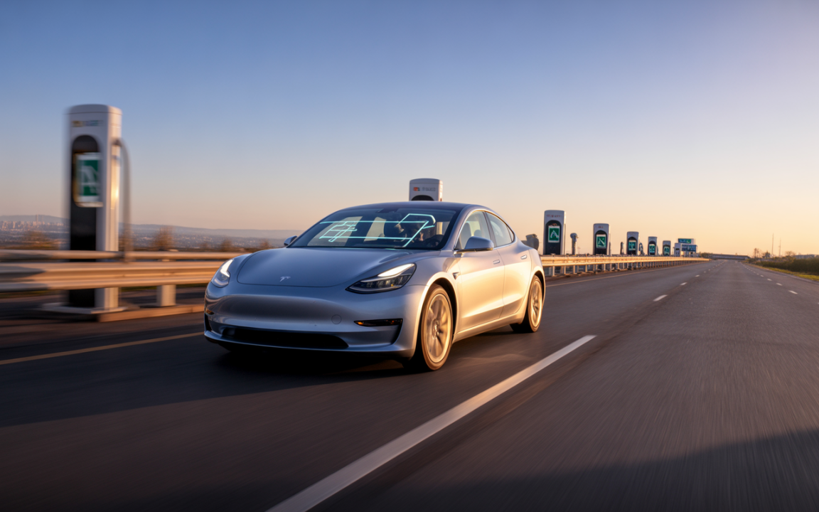 Une voiture électrique grise roule sur une autoroute, avec des bornes de recharge au loin, sous un ciel ensoleillé.