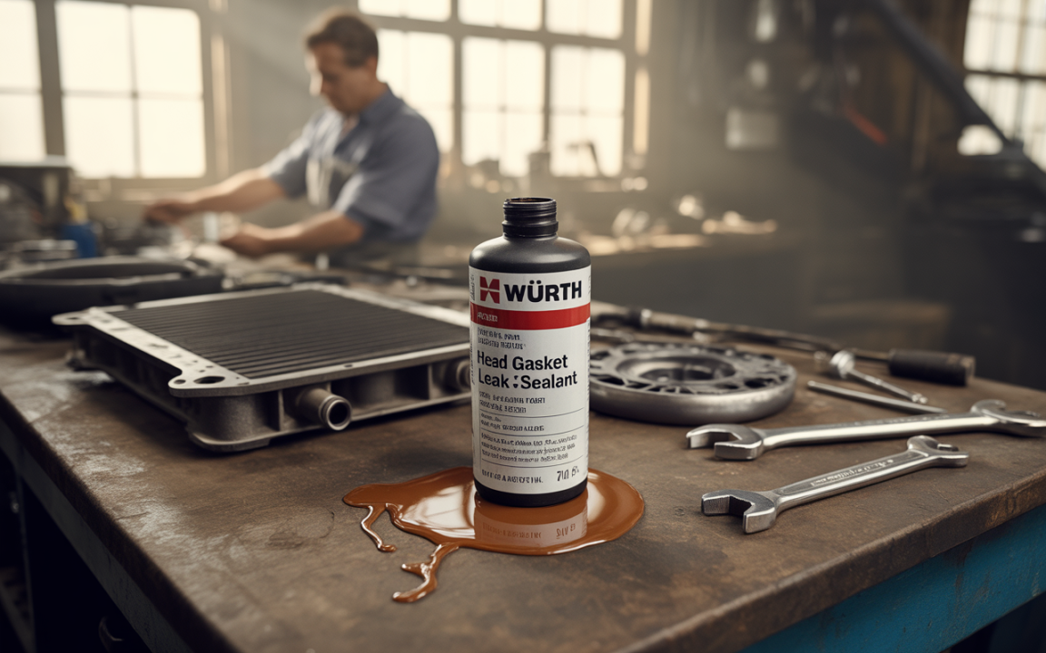 Flacon de produit de colmatage de joint de culasse Würth sur un établi, avec outils et pièces mécaniques en arrière-plan.