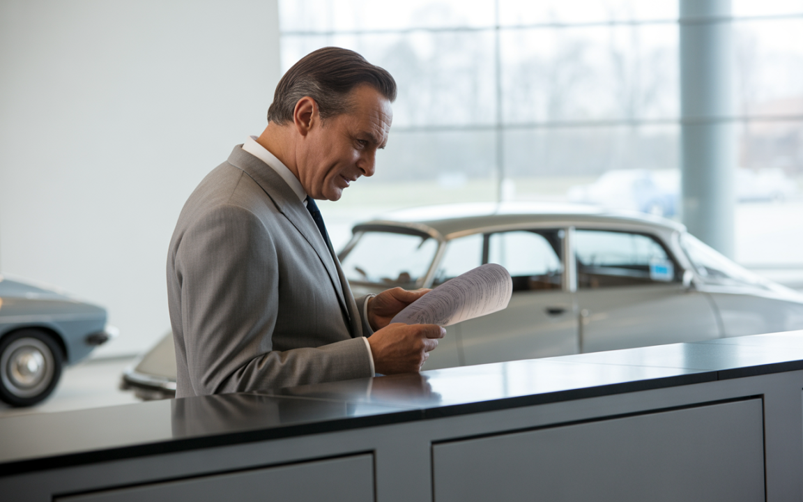 Homme en costume gris examinant des documents, avec des voitures classiques en arrière-plan dans un cadre moderne.