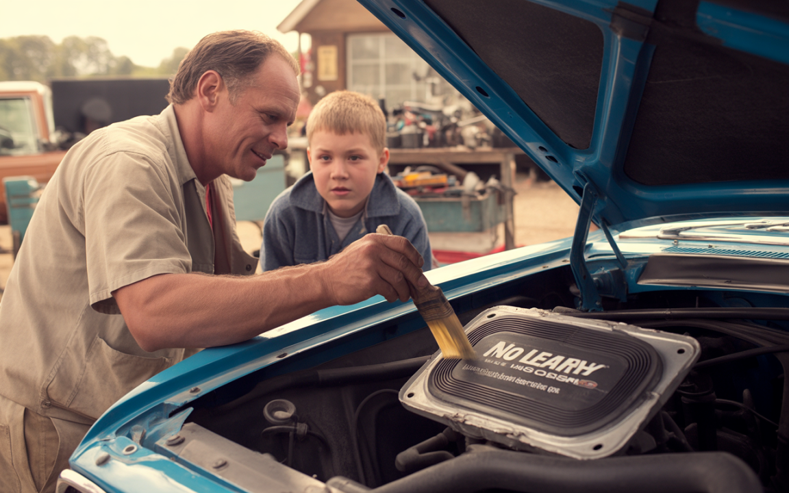 Un homme montre à un garçon comment entretenir un moteur de voiture, utilisant un pinceau pour appliquer de l'huile.
