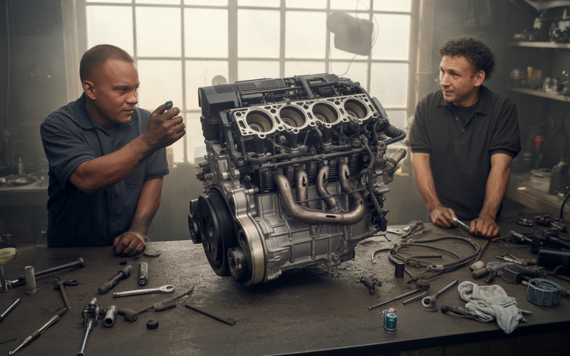 Deux mécaniciens discutent autour d'un moteur à combustion, avec des outils éparpillés sur une table dans un atelier.
