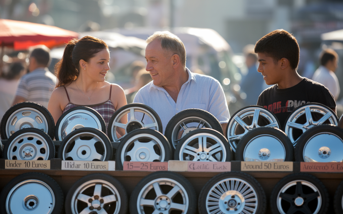 Trois personnes discutent joyeusement devant un étal de roues, avec des panneaux de prix visibles. Ambiance de marché animée.