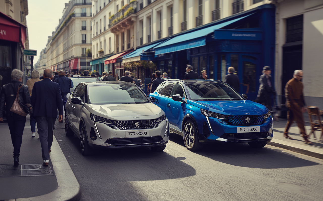 Deux voitures Peugeot, une grise et une bleue, stationnent sur une rue animée de Paris, entourées de piétons.