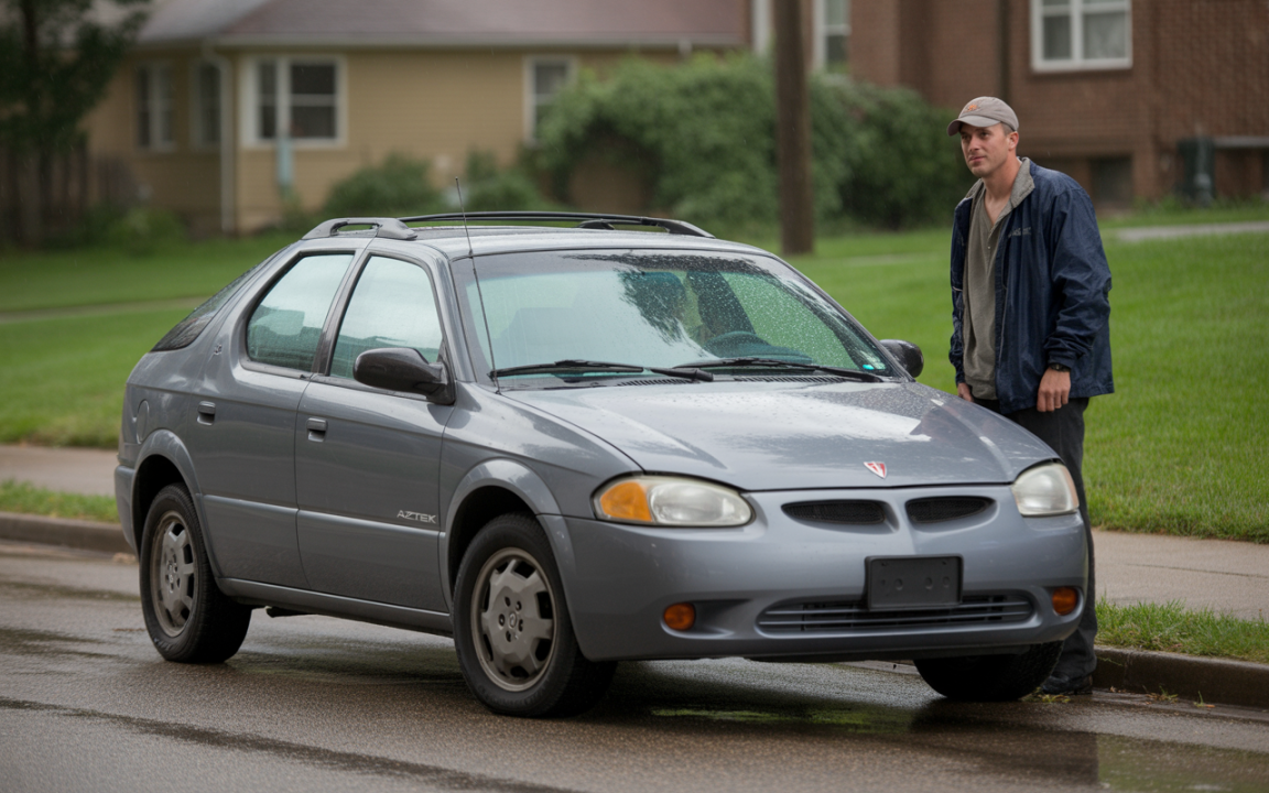 Homme debout à côté d'une voiture grise sous la pluie, avec des maisons en arrière-plan et une pelouse verte.
