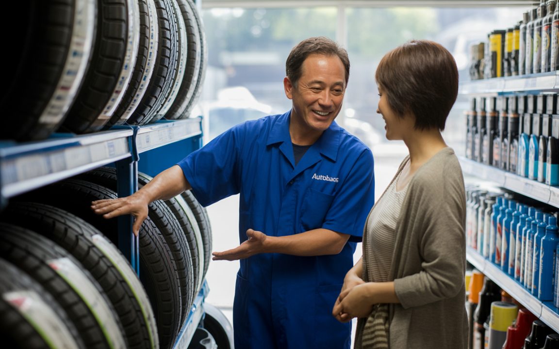 Un vendeur souriant montre des pneus à une cliente dans un magasin d'accessoires automobiles. Des produits ménagers sont visibles en arrière-plan.