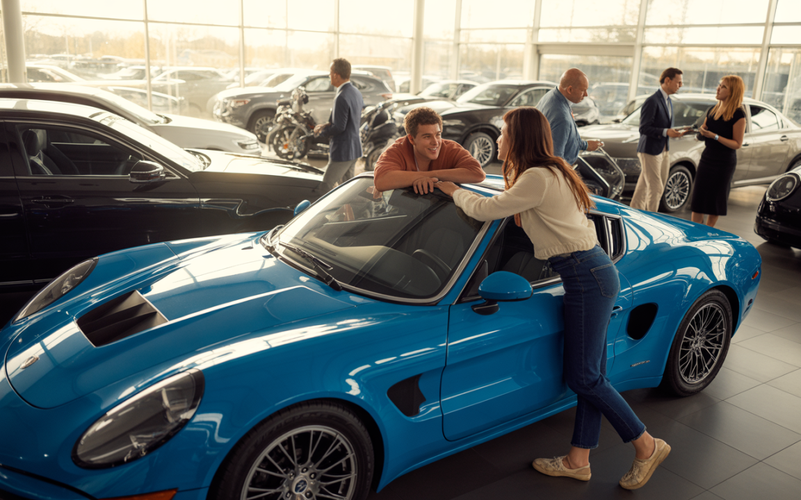 Un couple discute devant une voiture de sport bleue dans un showroom, tandis que d'autres clients examinent différents véhicules.