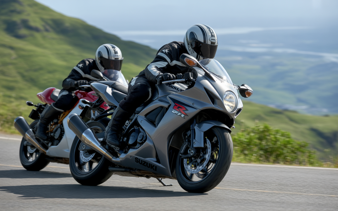 Deux motos sportives roulent sur une route sinueuse, avec des pilotes en combinaison noire et casques, entourées de collines verdoyantes.