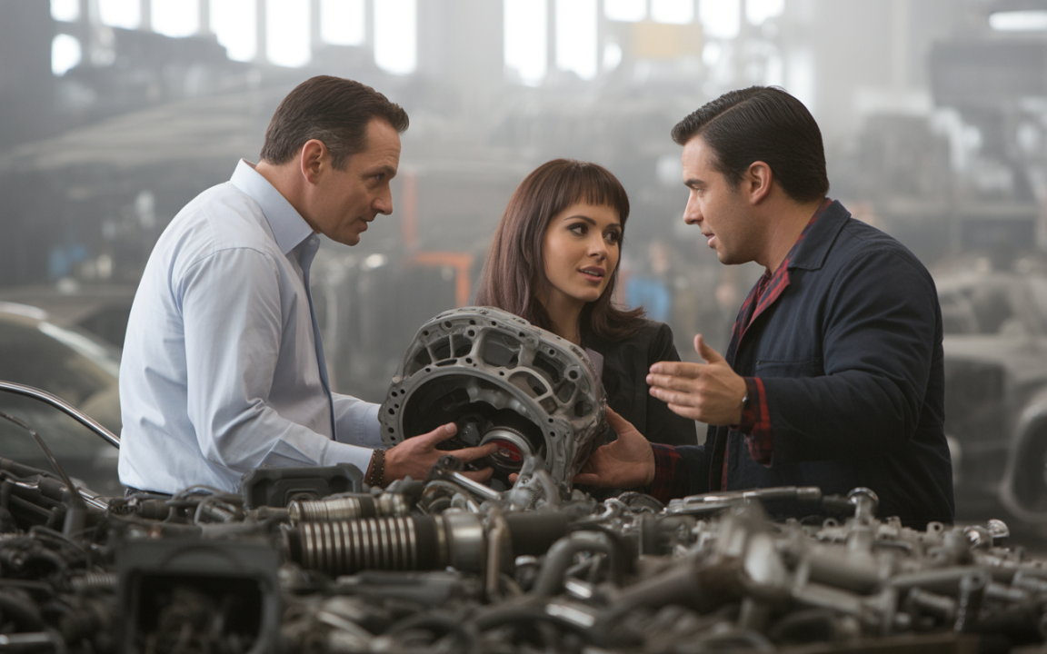 Trois personnes discutent autour d'un moteur dans un garage, entourées de pièces automobiles et d'un ambiance industrielle.