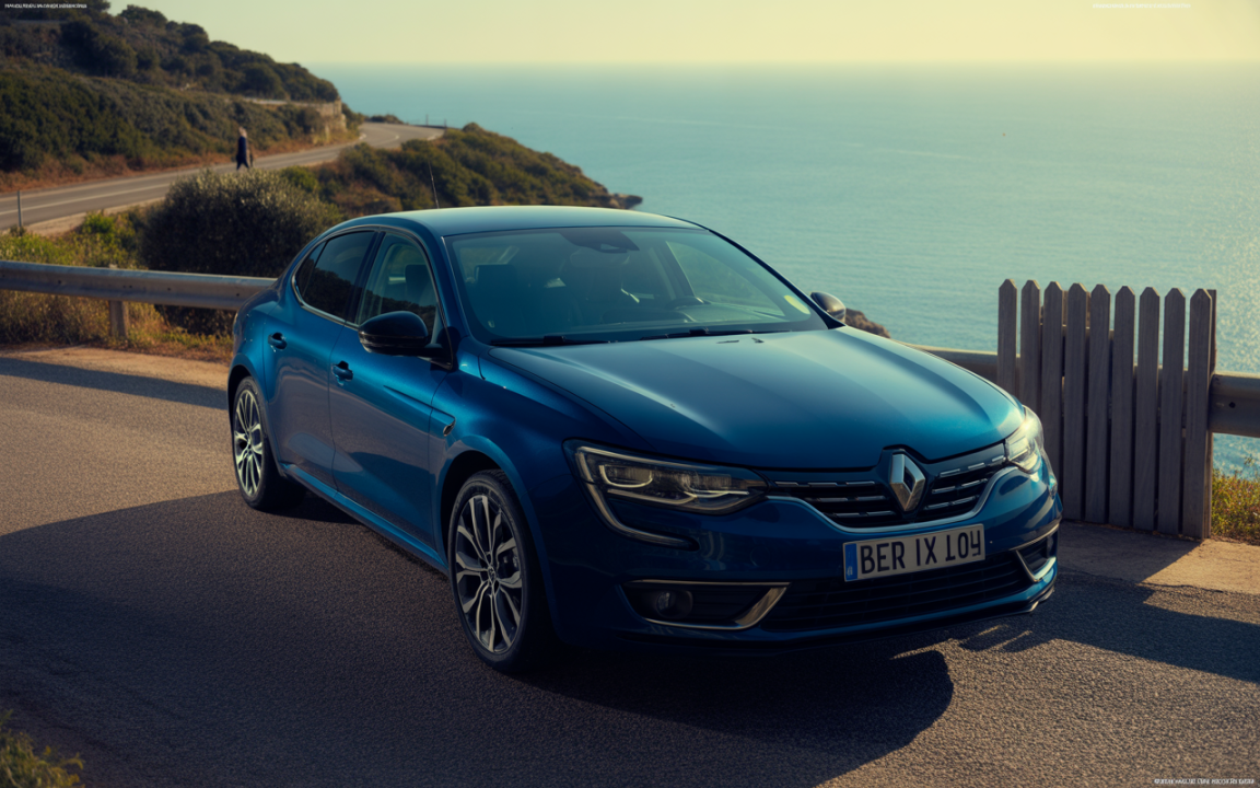 Voiture Renault bleue garée sur une route côtière, vue sur la mer en arrière-plan, soleil levant ou couchant, ambiance paisible.