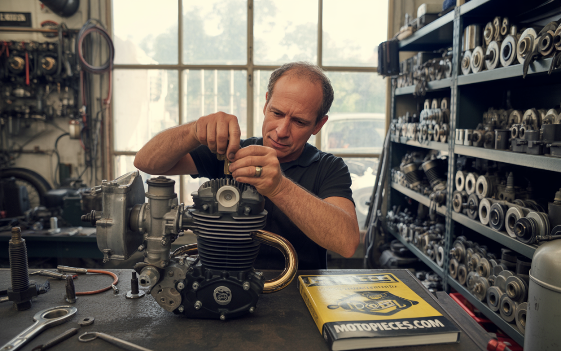 Un mécanicien travaille sur un moteur de moto dans un atelier, entouré de pièces et de manuels techniques.