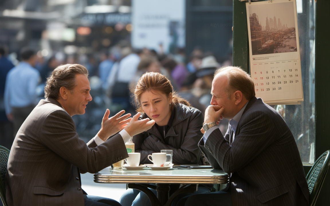 Trois personnes discutent intensément autour d'une table, avec des tasses de café et un calendrier en arrière-plan. Ambiance animée en ville.