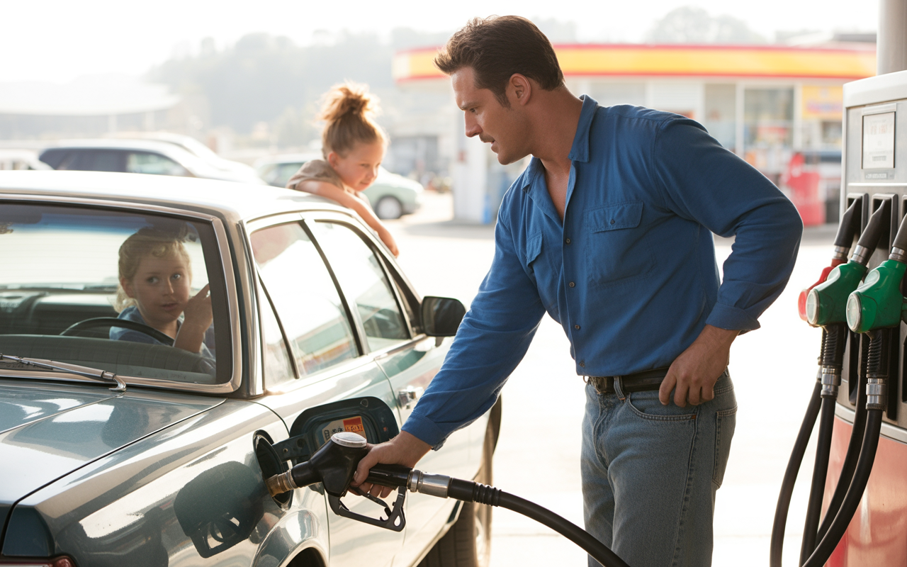 Un homme fait le plein de carburant dans une voiture pendant qu'une fille regarde depuis l'intérieur, une autre enfant est à l'extérieur.