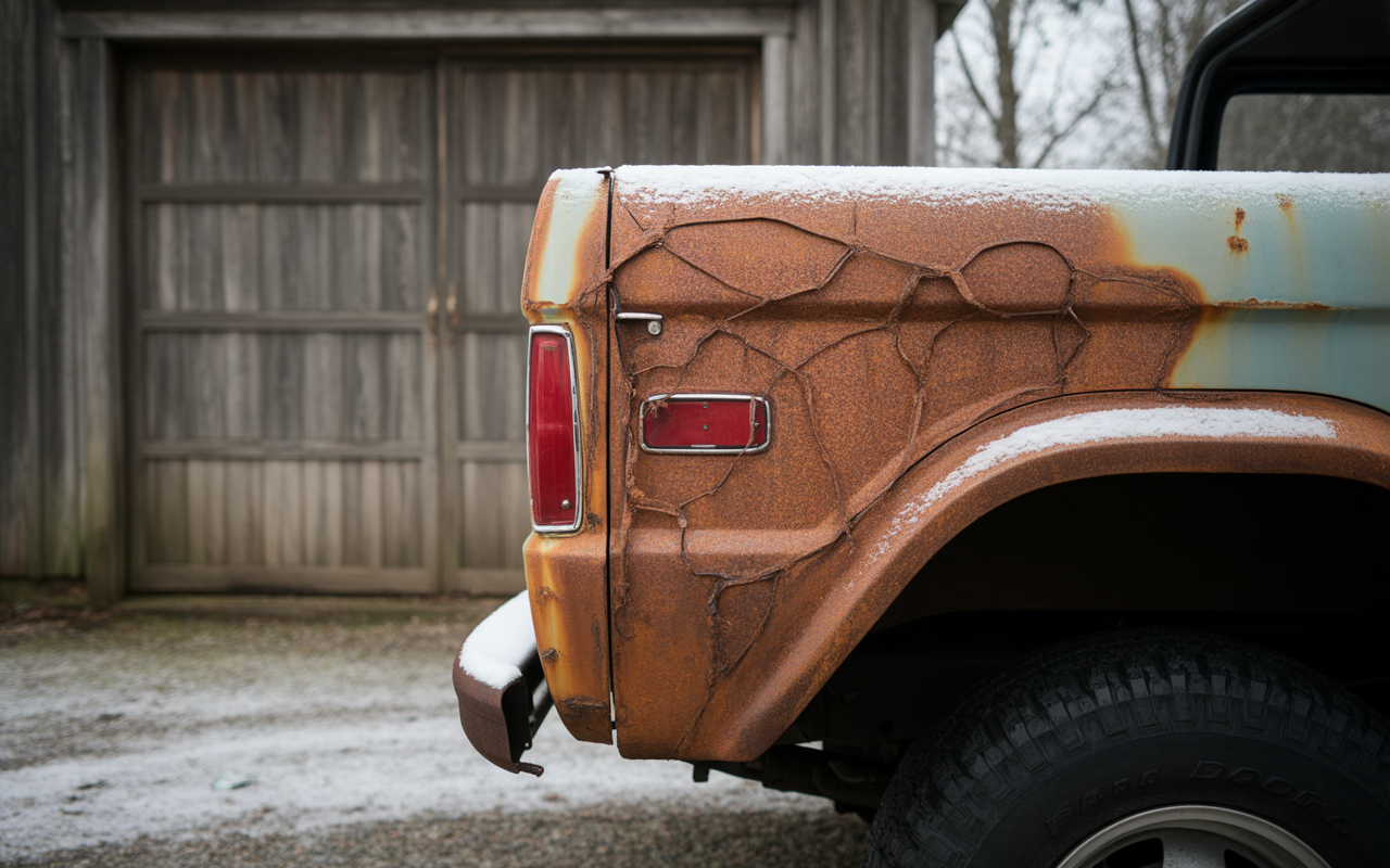 Détail d'un pick-up rouillé, avec une surface fissurée et recouverte de neige, devant une grange en bois.