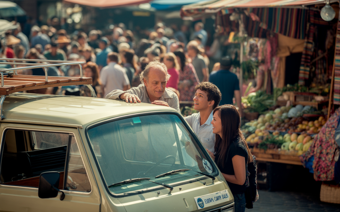 Trois personnes discutent animément près d'une voiture rétro, avec un marché coloré en arrière-plan, rempli de fruits et légumes.