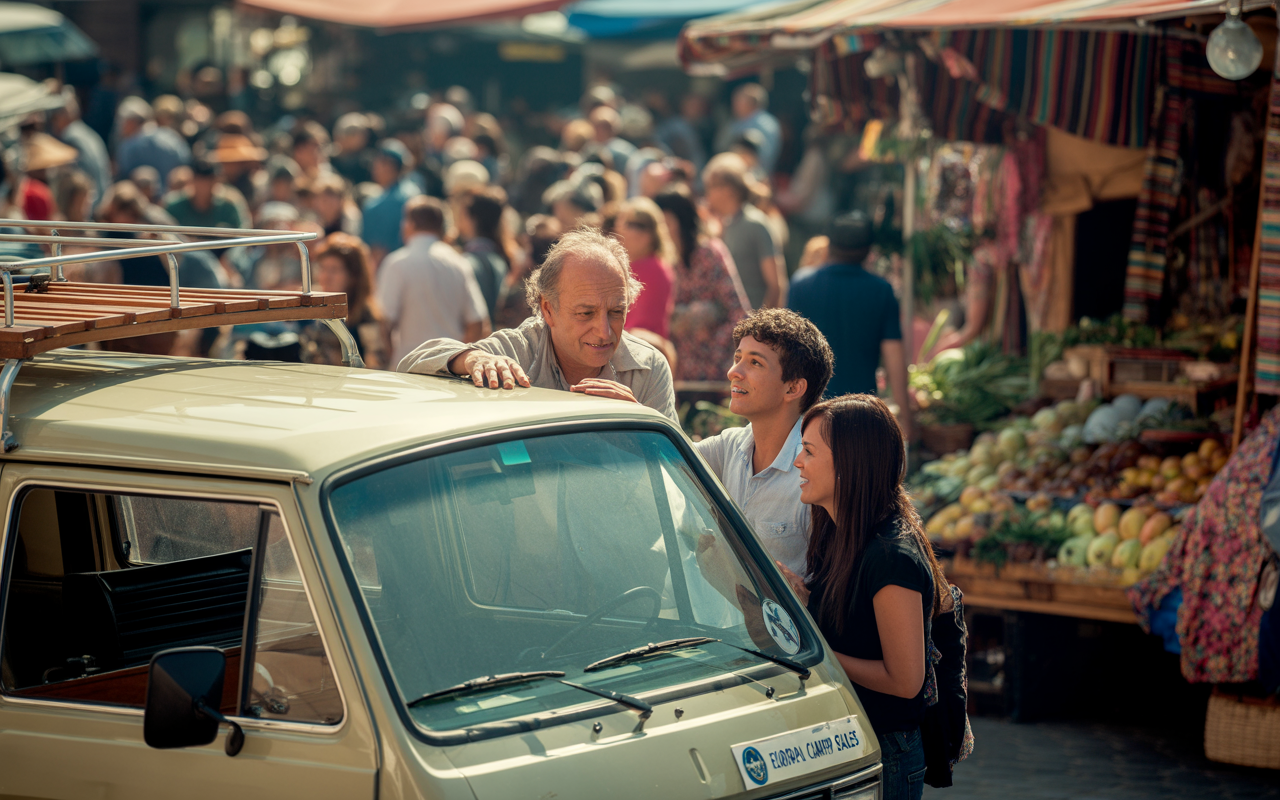 Trois personnes discutent animément près d'une voiture rétro, avec un marché coloré en arrière-plan, rempli de fruits et légumes.
