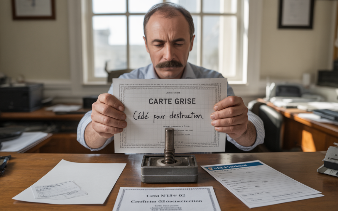 Un homme tient une "carte grise" annotée pour destruction, devant un bureau avec divers documents et un cachet.