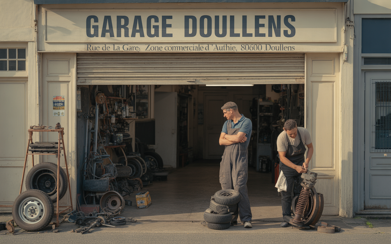 Un garage portant le nom "Garage Doullens", avec deux mécaniciens travaillant sur des pièces de voiture et des pneus usagés.