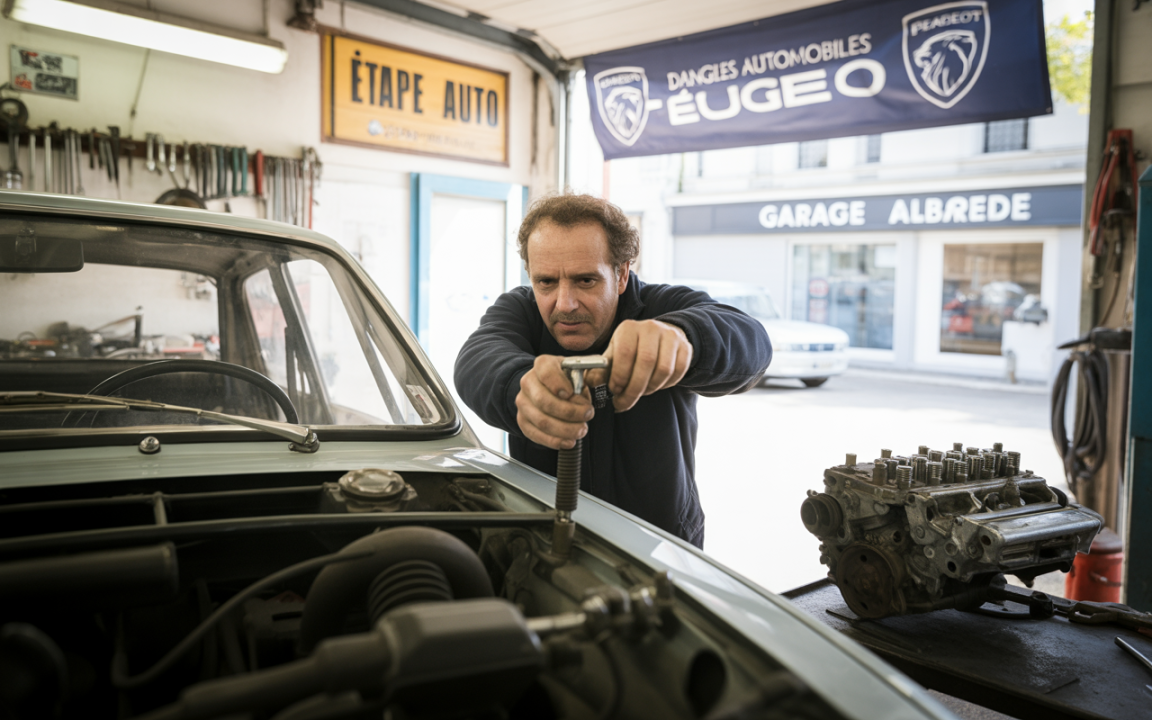 Mécanicien travaillant sous le capot d'une voiture ancienne dans un garage, avec des outils en fond et un moteur sur la table.