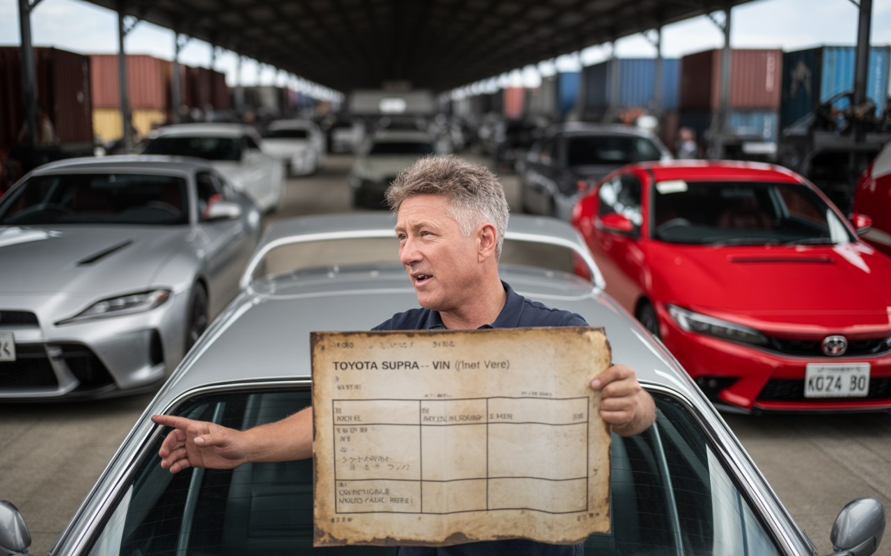 Un homme tient une feuille de données sur une Toyota Supra, au milieu de plusieurs voitures, sous un abri.