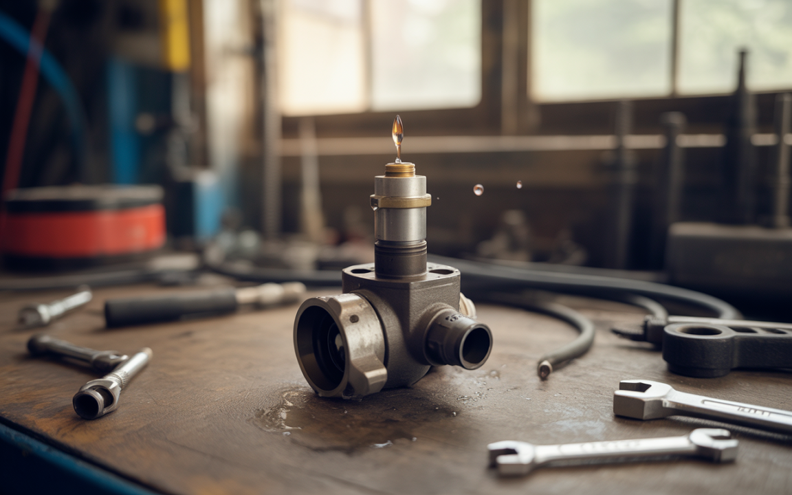 Une pièce mécanique avec une flamme et des gouttes d'eau, entourée d'outils sur un établi. Éclairage naturel en arrière-plan.