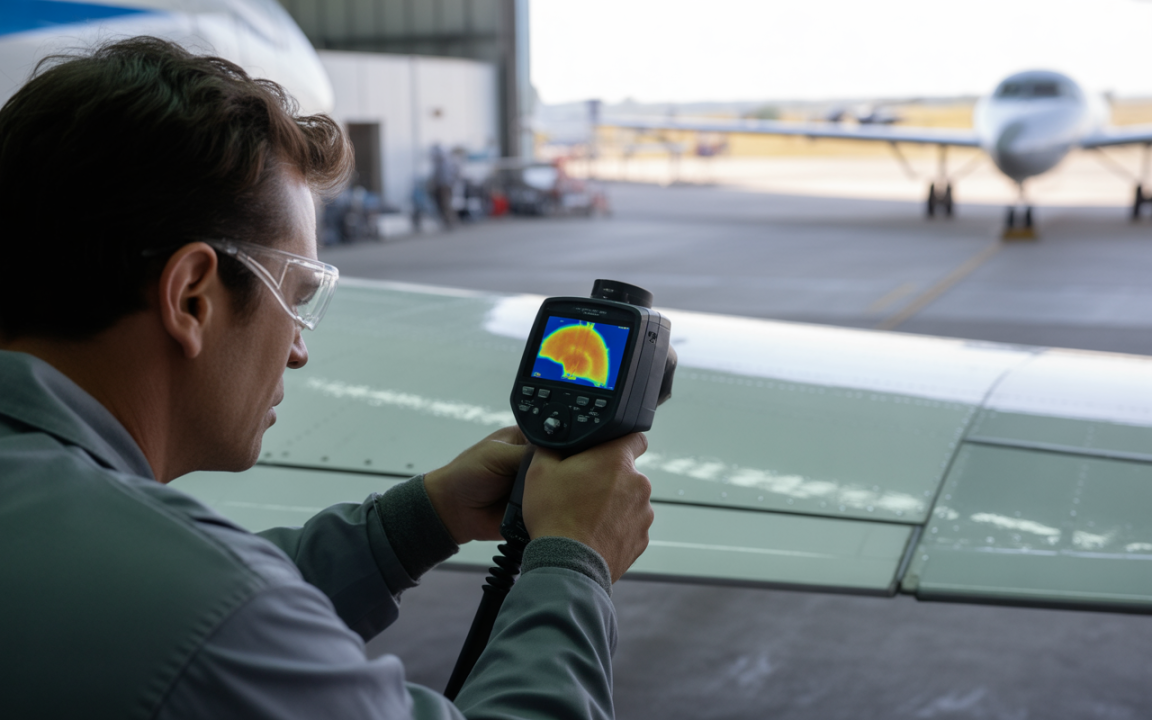 Un technicien inspecte l'aile d'un avion avec un appareil de thermographie, affichant des images thermiques en arrière-plan.