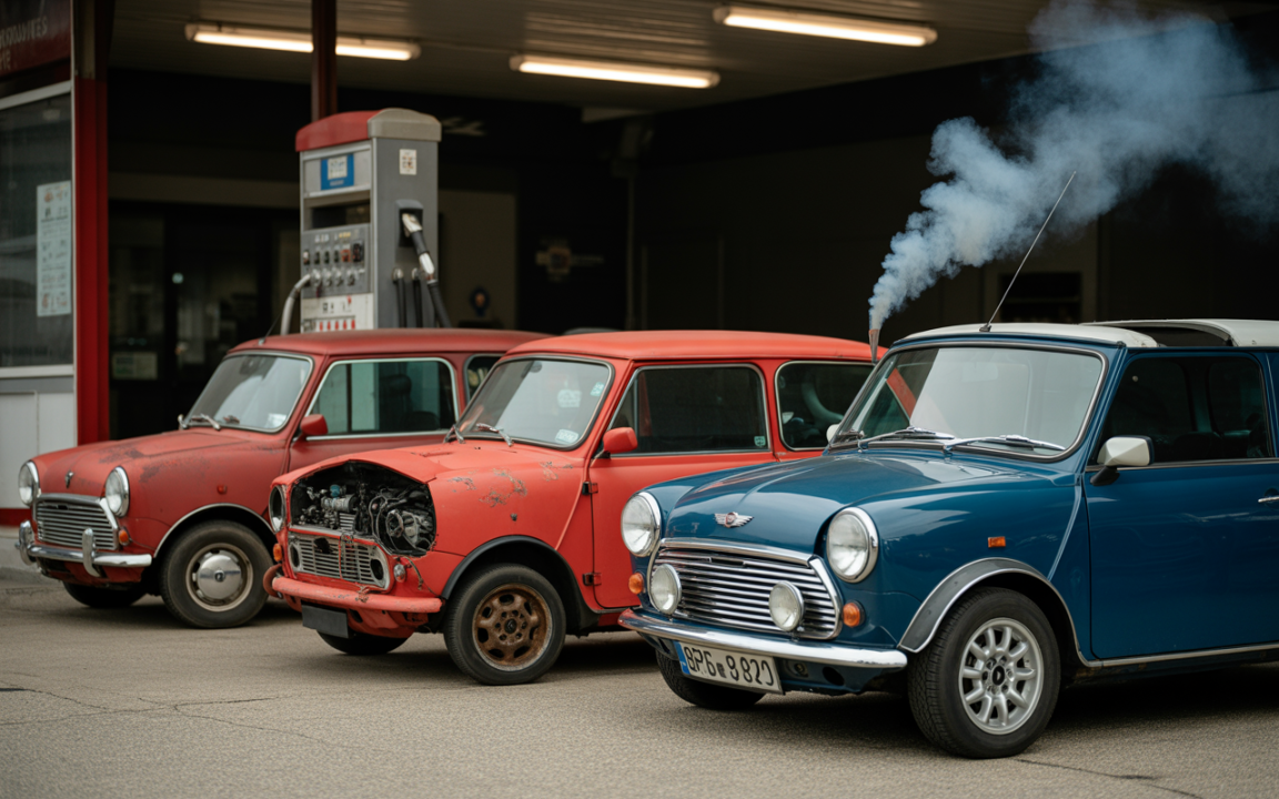Trois voitures Mini classiques, rouges et bleue, stationnées près d'une pompe à essence, avec une échappée de fumée s'échappant.
