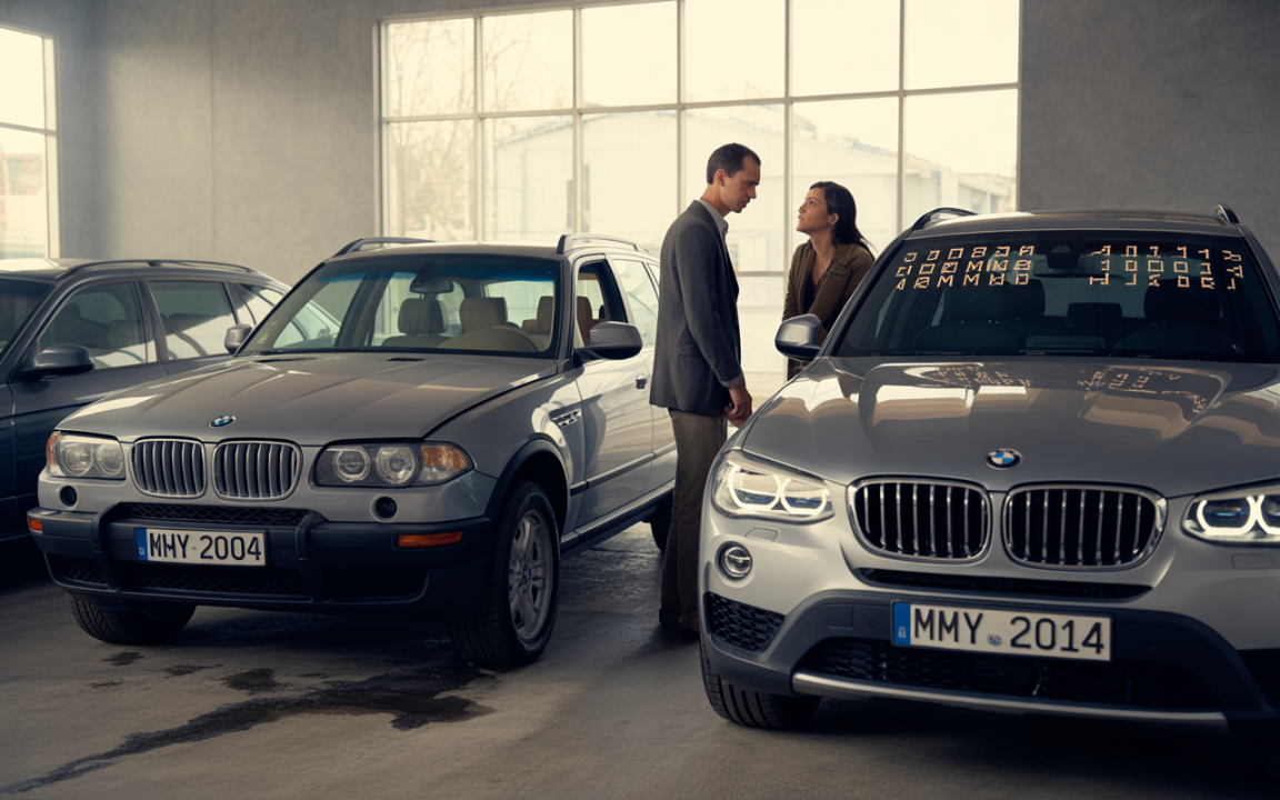 Deux personnes discutent près de deux voitures BMW dans un garage, mettant en évidence des modèles de différentes années.