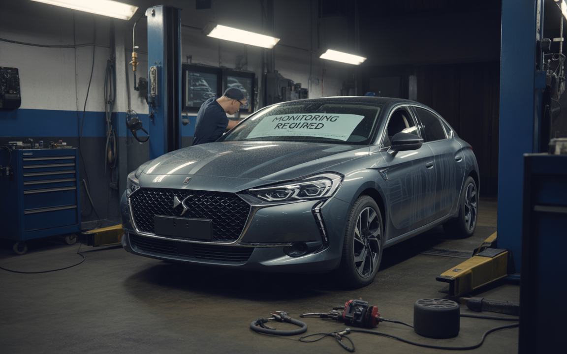 Voiture grise en maintenance dans un garage, avec un panneau "MONITORING REQUIRED" sur le pare-brise, mécanicien au travail.