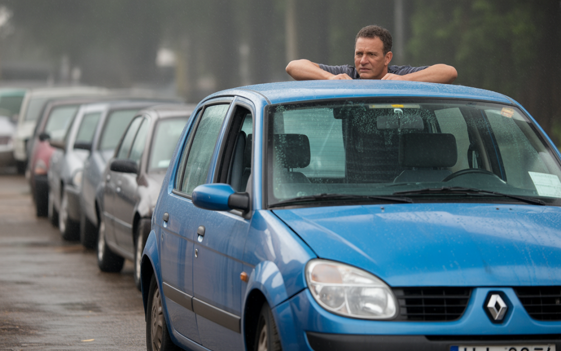 Un homme pensif se penche sur le toit d'une voiture bleue, entourée d'autres véhicules, sous la pluie.