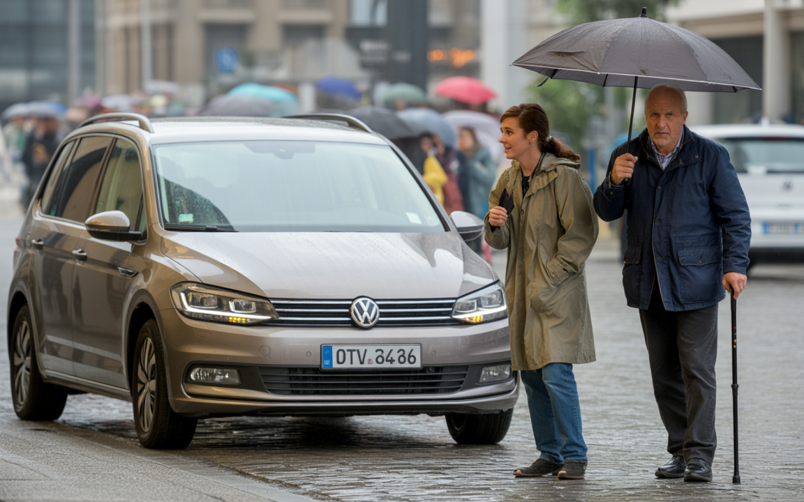 Une femme avec un manteau discute avec un homme âgé sous un parapluie, près d'une voiture Volkswagen pendant la pluie.