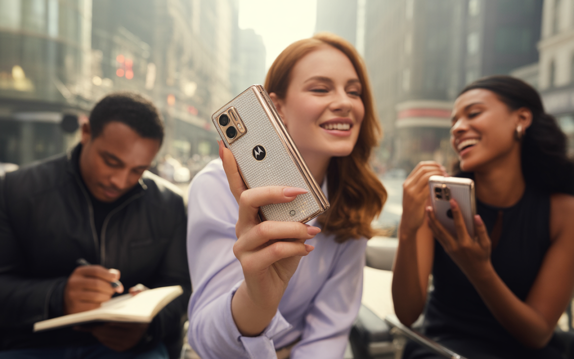 Trois personnes souriantes en extérieur, utilisant des smartphones, avec un homme prenant des notes à côté. Ville animée en arrière-plan.