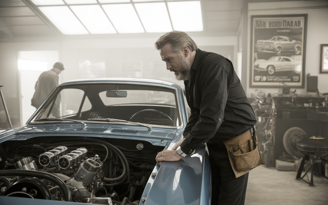 Un homme barbu examine le moteur d'une voiture classique bleue dans un garage lumineux, entouré d'outils et d'affiches de voitures.