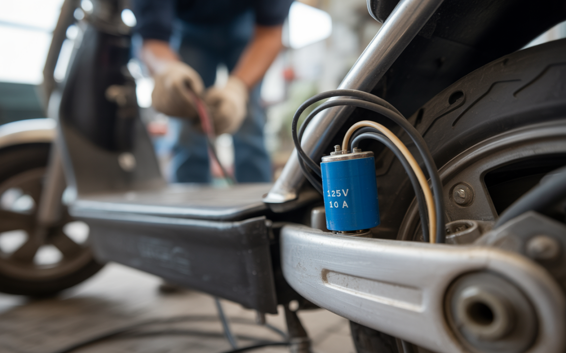 Un mécanicien travaille sur un scooter électrique, mettant en évidence un composant électrique bleu sur le châssis.