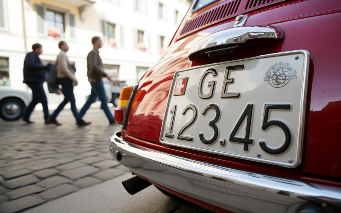 Un angle de vue rapproché d'une voiture rouge avec plaque d'immatriculation suisse, des personnes marchant au fond sur une rue pavée.