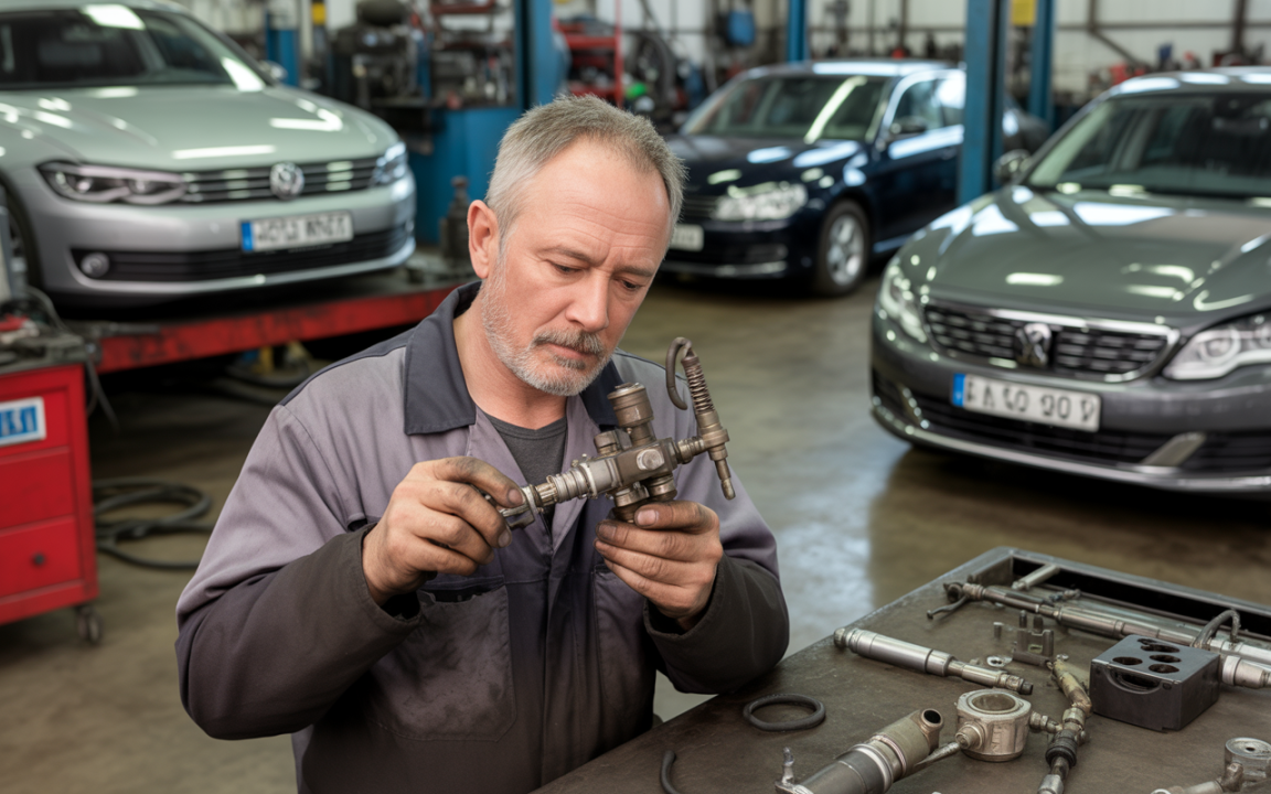 Un mécanicien examine un composant dans un garage automobile, avec plusieurs voitures visibles en arrière-plan.