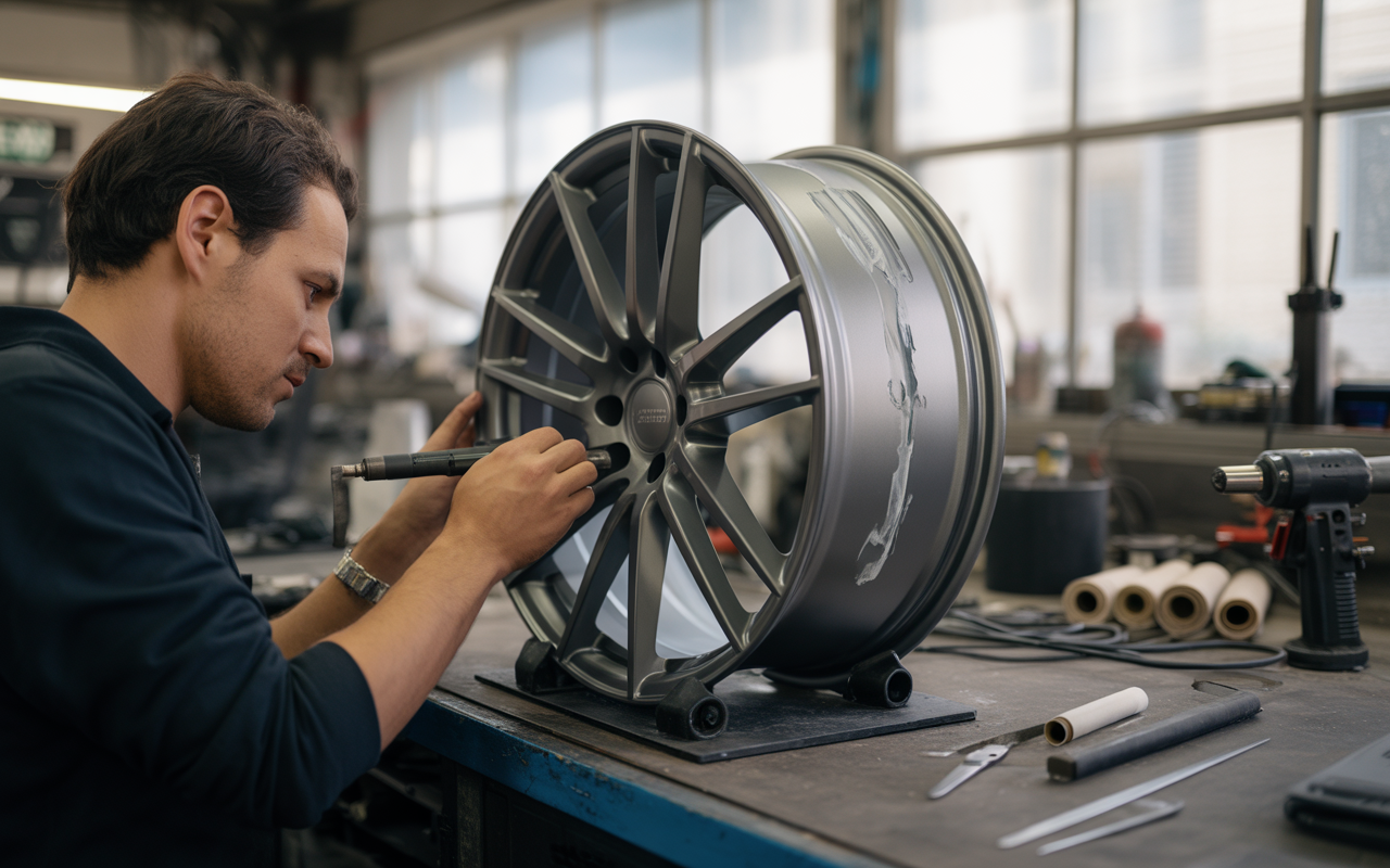 Un homme travaille sur une jante en métal, utilisant des outils dans un atelier bien éclairé, entouré de divers équipements.