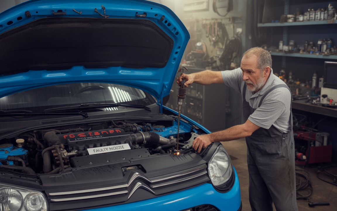 Mécanicien inspectant un moteur de voiture bleue, avec un outil à la main, dans un atelier avec divers équipements.