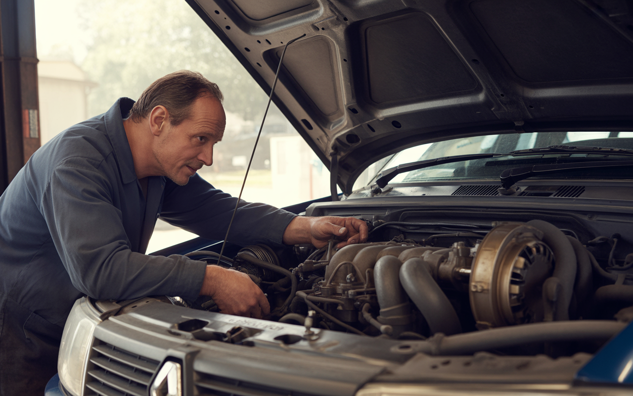 Mécanicien examinant un moteur de voiture sous le capot, concentré, dans un atelier lumineux. Outils et éléments du moteur visibles.