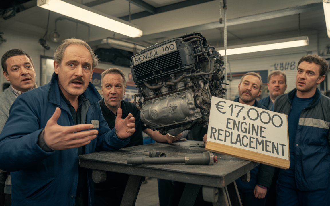 Un groupe d'hommes dans un garage discute autour d'un moteur, avec un panneau indiquant un remplacement d'engin à 17 000 €.