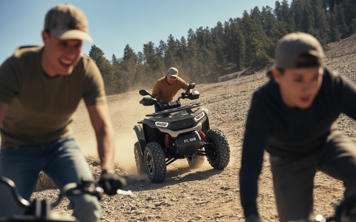 Deux jeunes hommes sur des quads sur un terrain accidenté, avec un troisième homme conduisant un quad en arrière-plan, soulevant de la poussière.