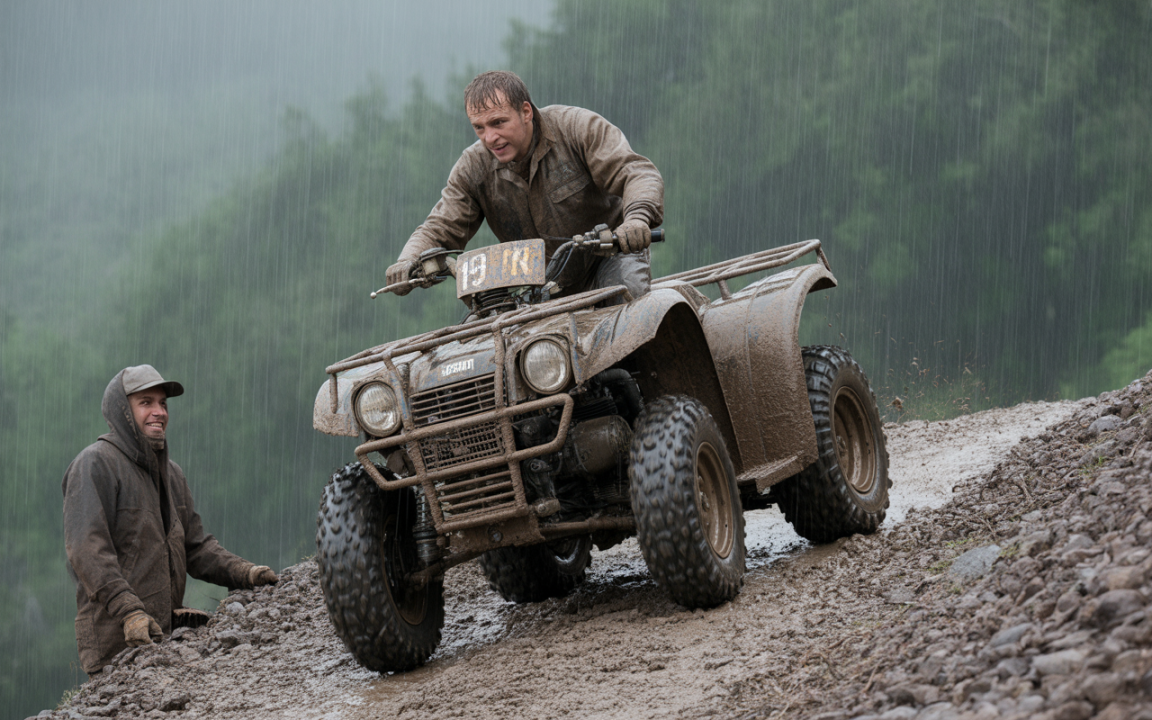 Un homme conduit un quad couvert de boue sous la pluie, tandis qu'un autre homme l'observe en souriant.