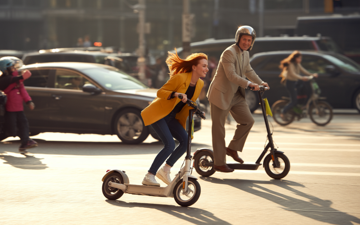 Des jeunes adultes s'amusent à conduire des trottinettes électriques sur une route animée, sous un éclairage ensoleillé.