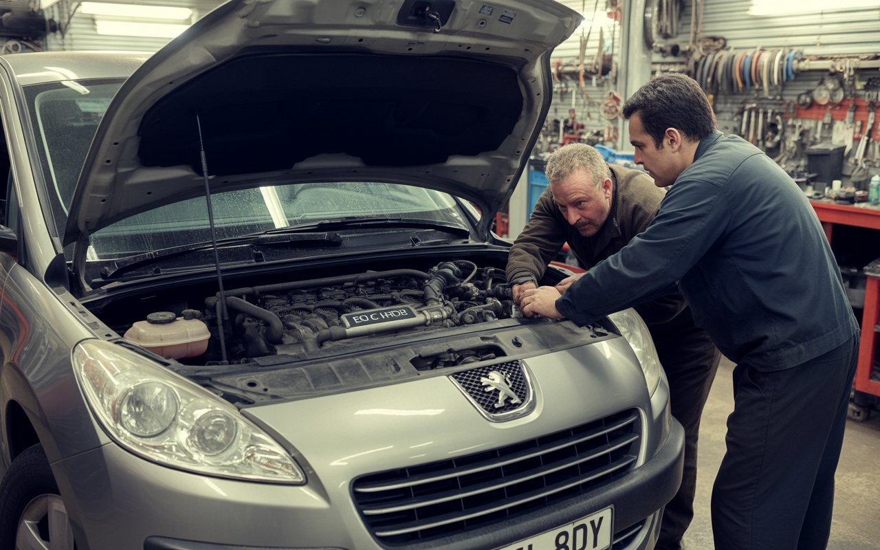 Deux mécaniciens examinent le moteur d'une voiture Peugeot grise dans un atelier, avec des outils en arrière-plan.
