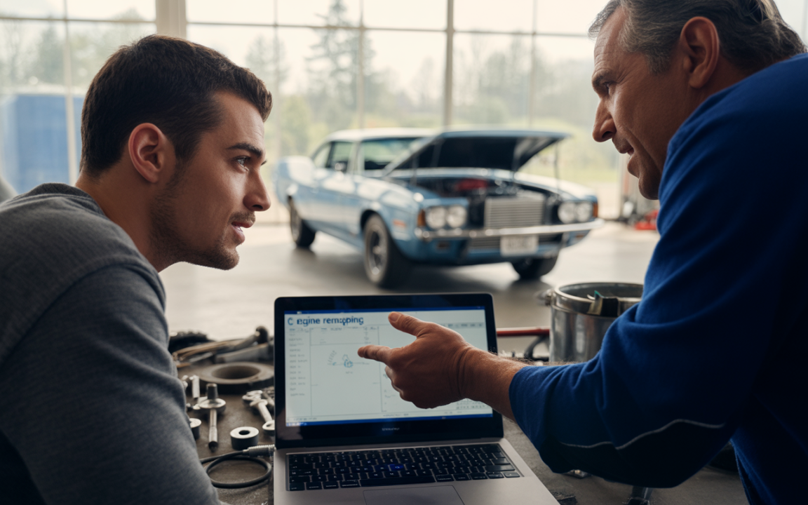 Deux hommes discutent sérieusement devant un ordinateur portable en atelier, avec une voiture classique bleue en arrière-plan. Outils éparpillés sur la table.