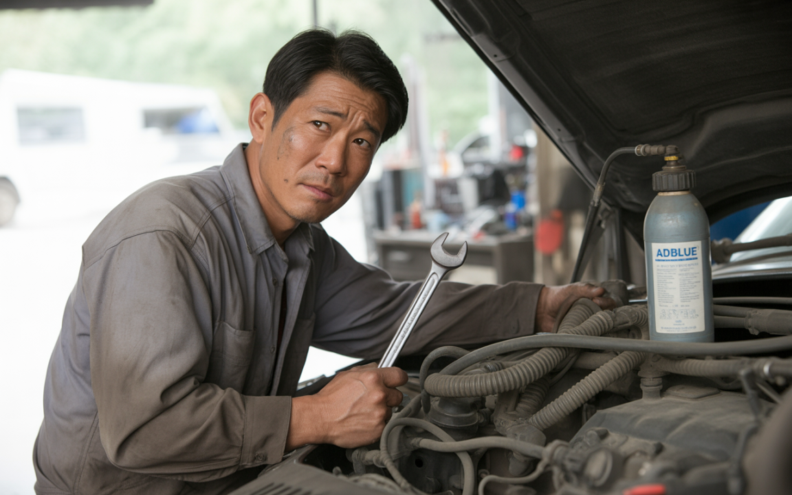 Un mécanicien examine un moteur, tenant une clé à molette, avec un bidon étiqueté "ADBLUE" à proximité.