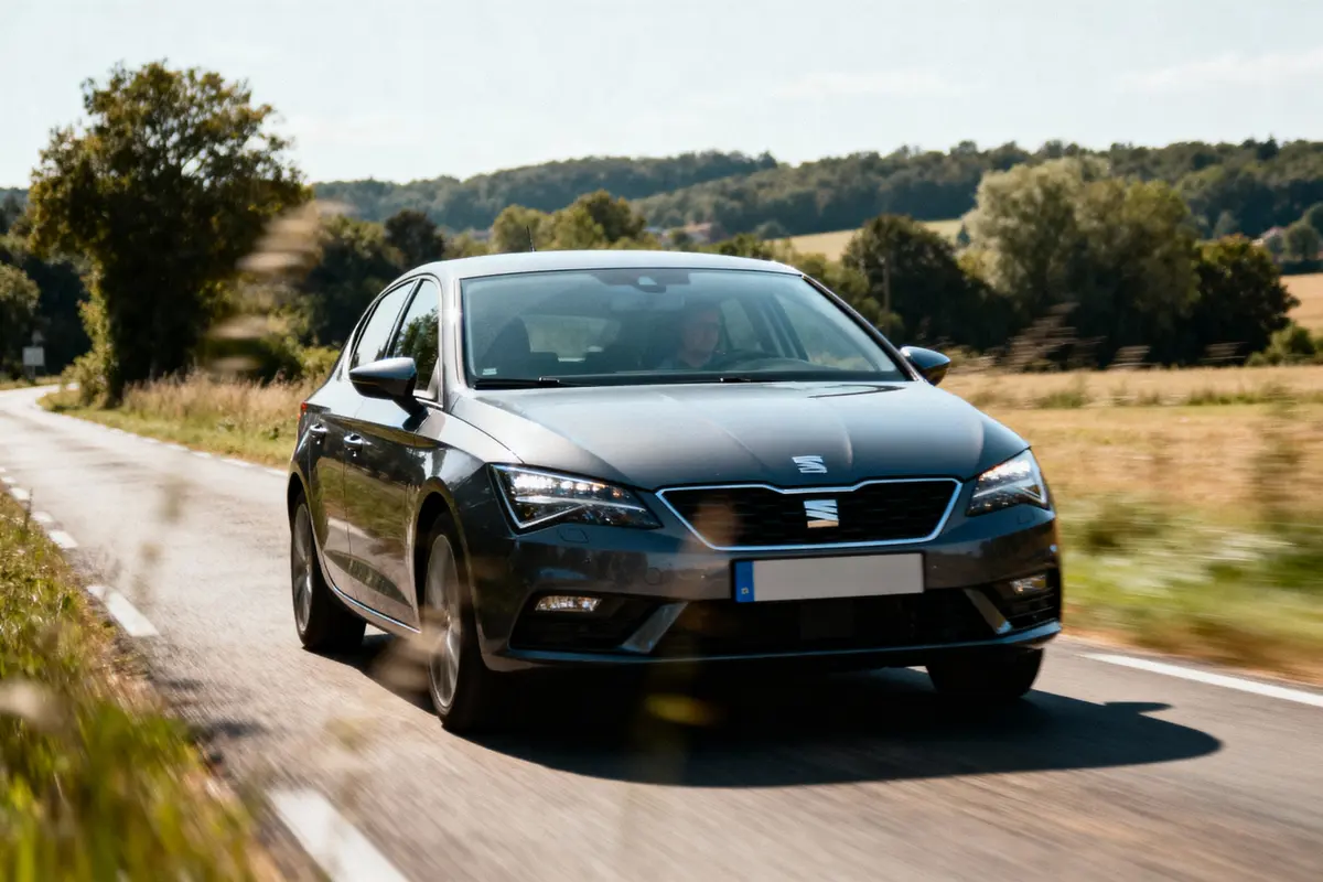 Voiture grise sur route de campagne, arbres verdoyants en arrière-plan, ciel bleu clair.
