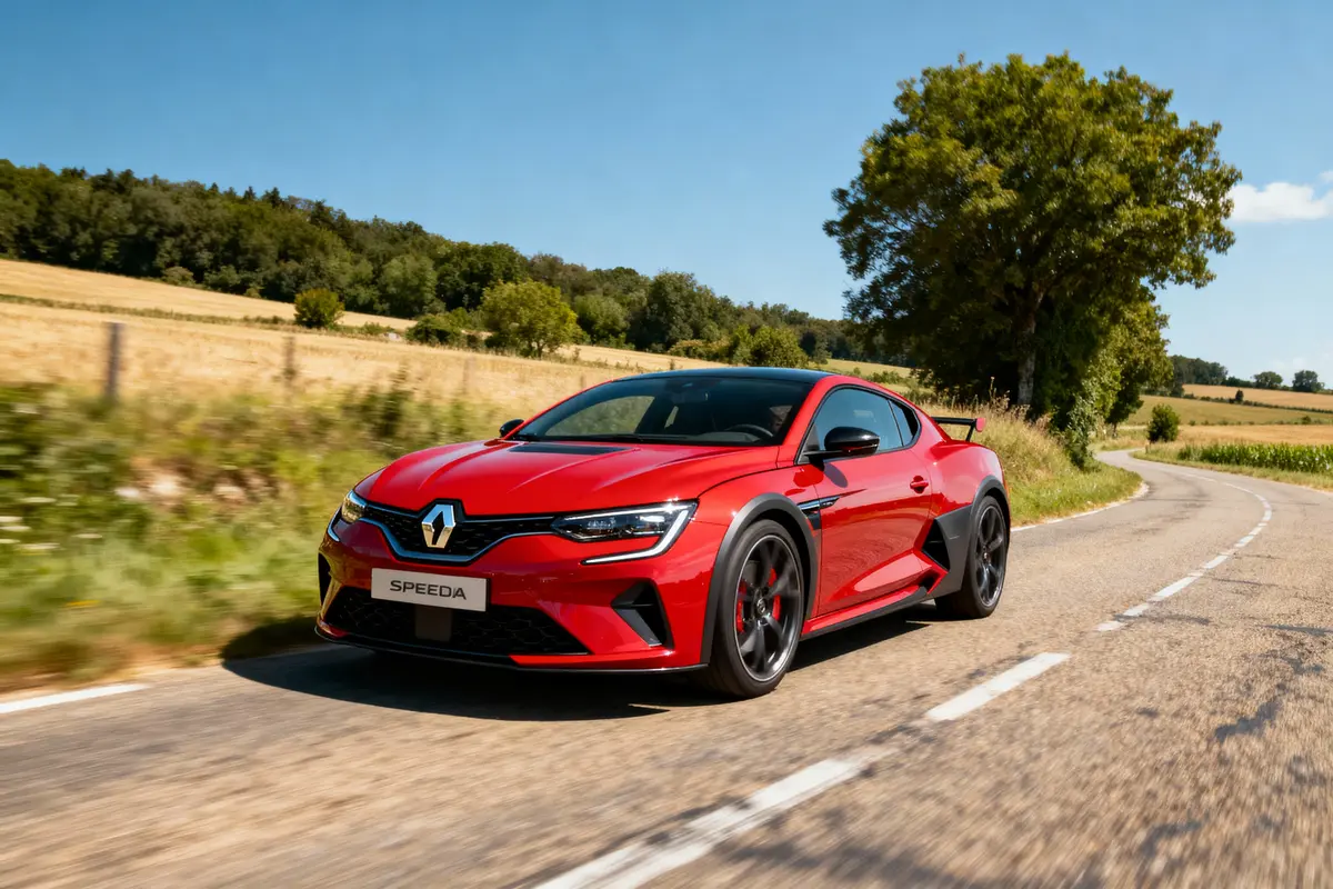 Voiture rouge Renault sur route de campagne, ciel bleu et arbres en arrière-plan, roulant à vive allure.