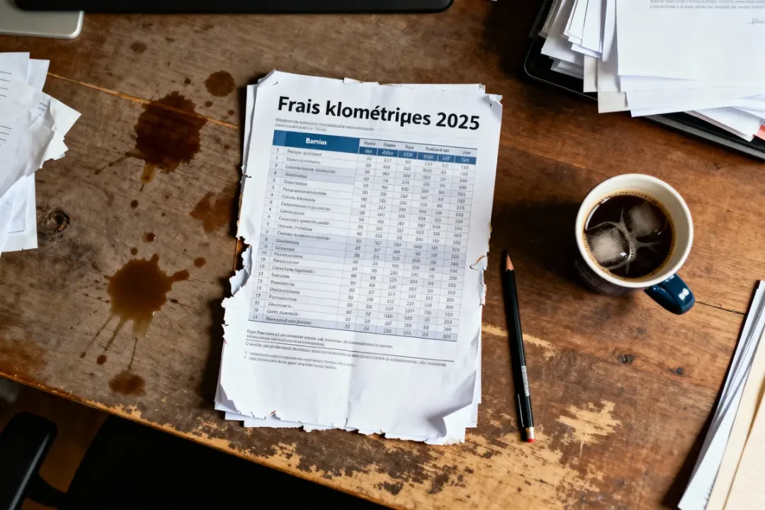 Document déchiré "Frais kilométriques 2025" sur table en bois avec taches de café, crayon et tasse.